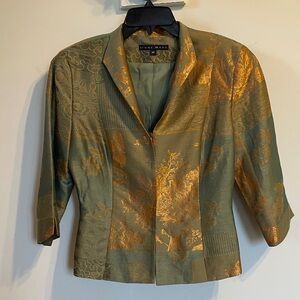 Jenne Maag Metallic Floral Toile Linen Silk Blazer Jacket Green Gold Size M